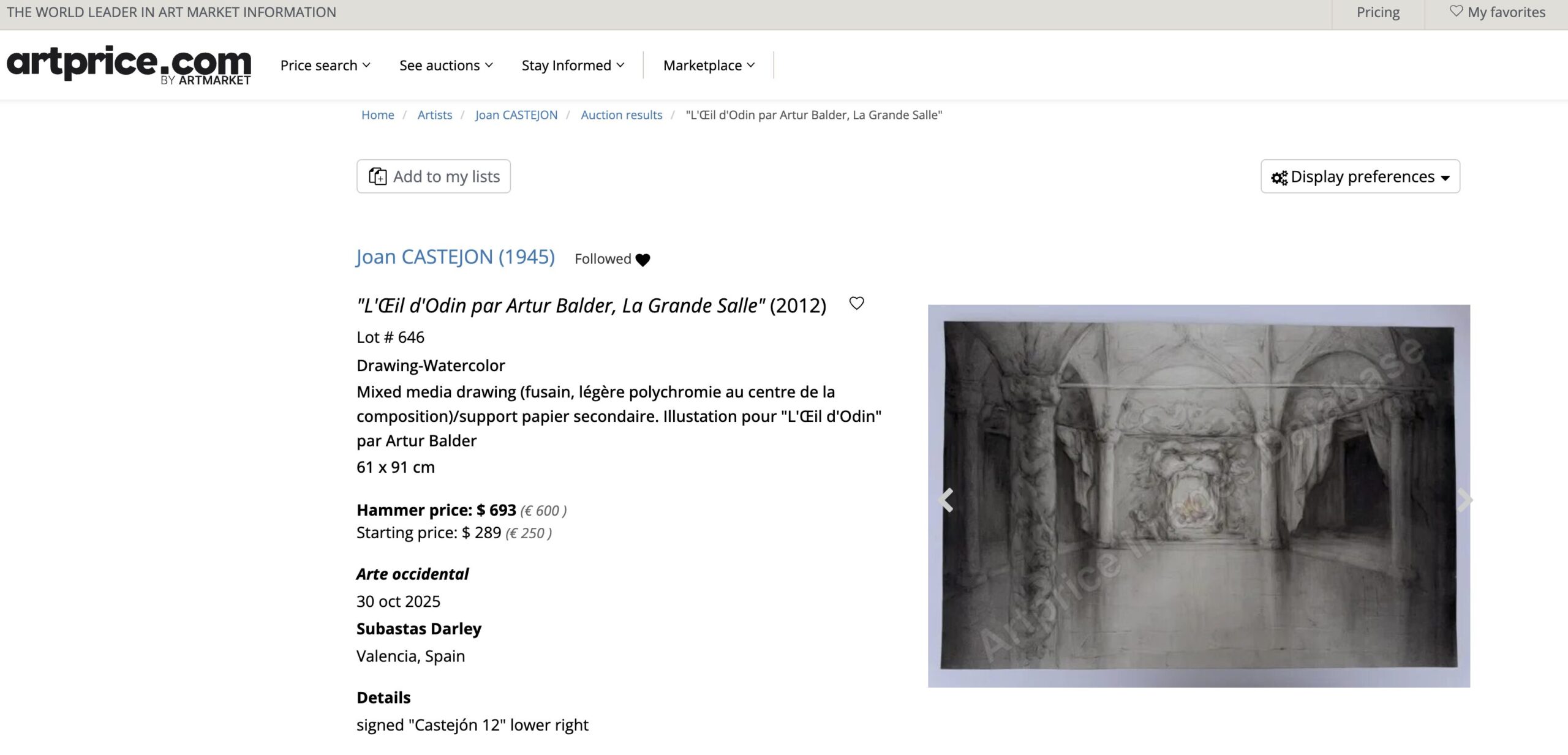 Artprice.com recoge subasta obra de la coleccion El Ojo de Odin por € 600 en Darley, Valencia