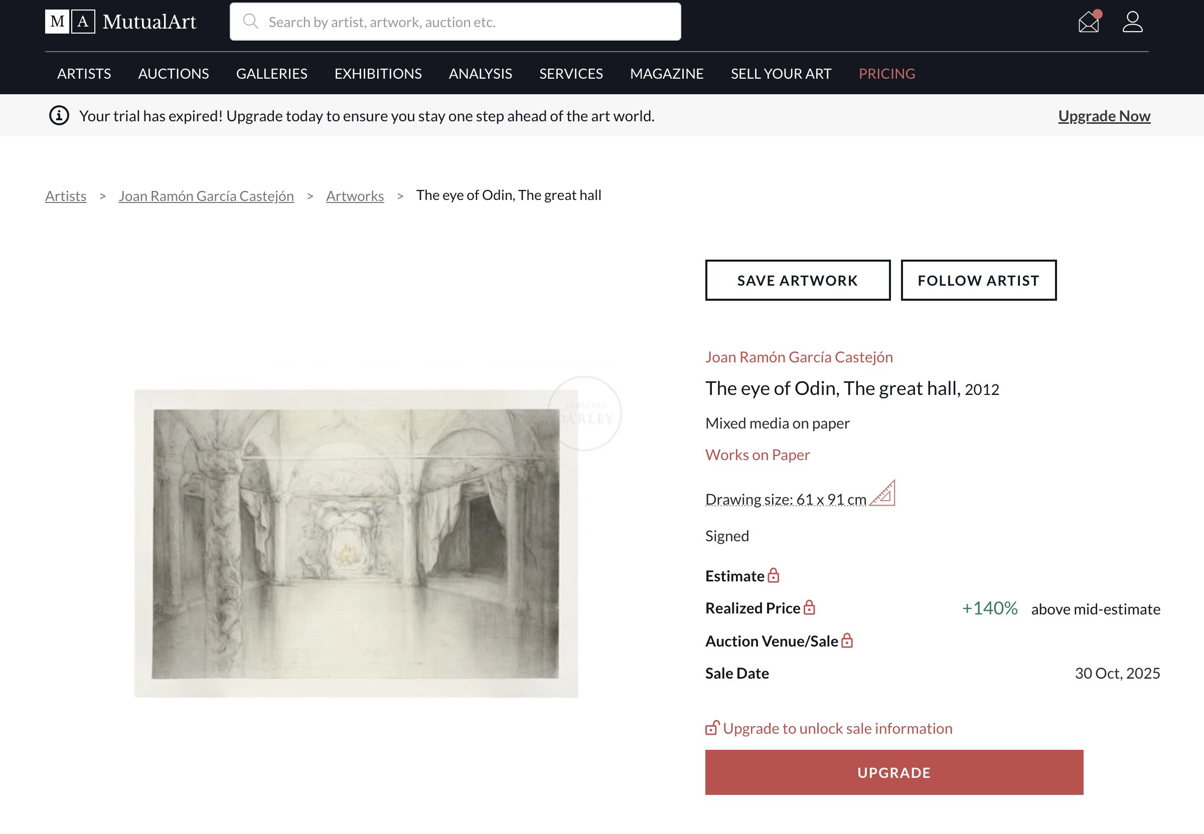 Mutualart.com recoge datos de subasta obra serie El Ojo De Odin, precio realizado 140% por encima de la estimación de valor medio.